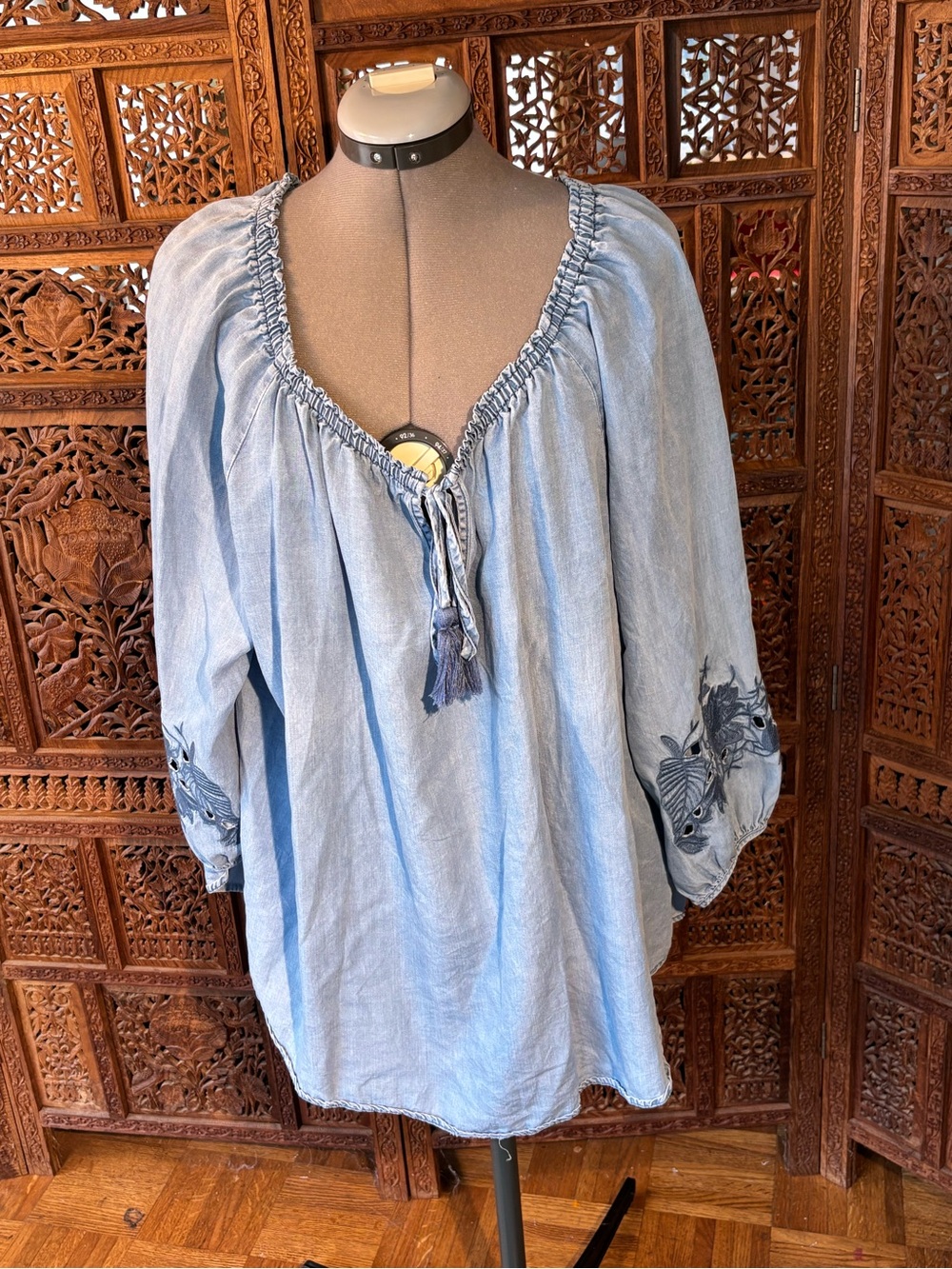 new directions Light Blue Embroidered Peasant Tunic